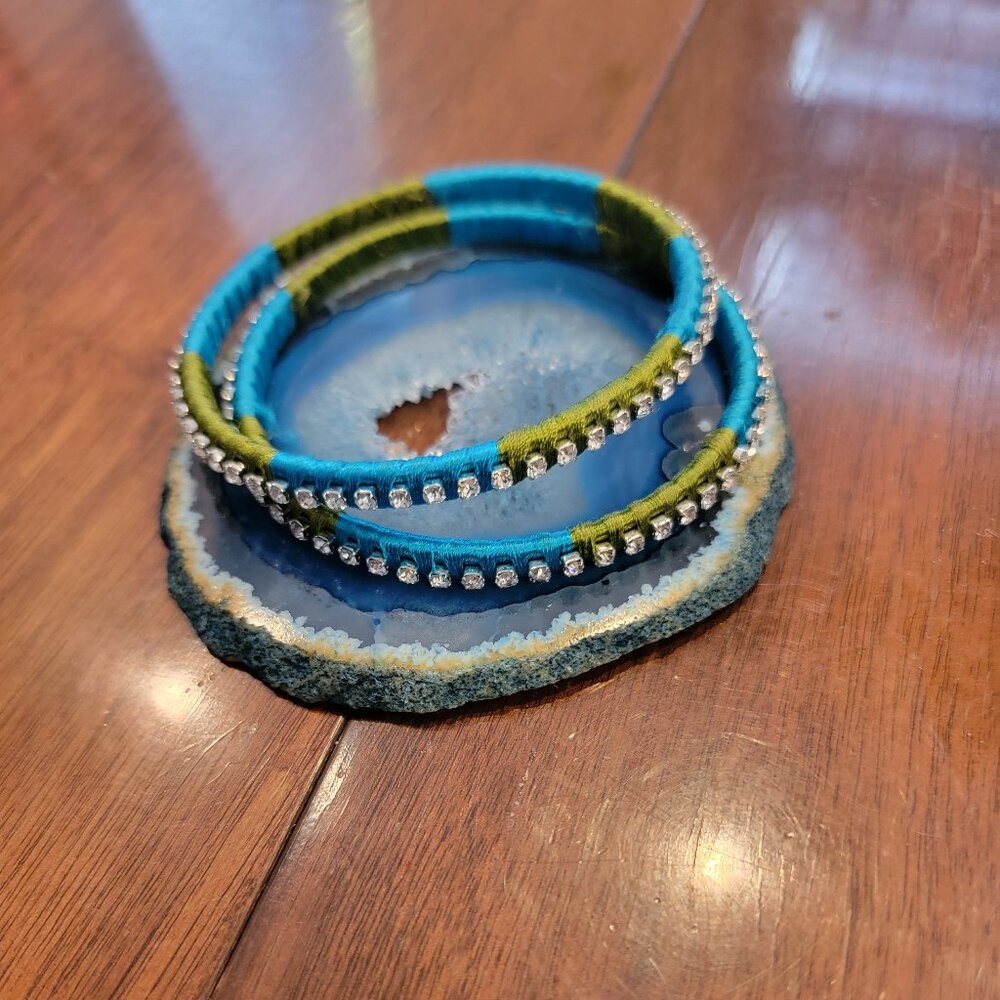 Rich India Turquoise Blue/Green Satin Crystal Fabric Wrapped Brass Bangle
